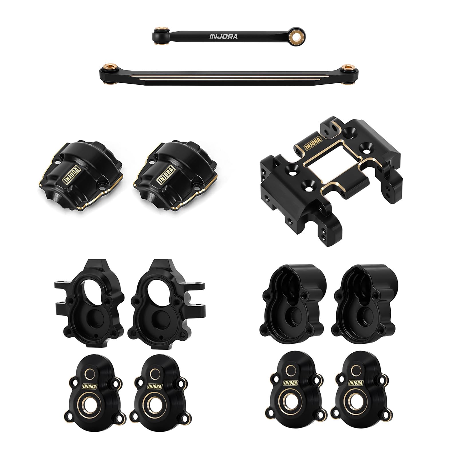 INJORA Brass Skid Plate Steering Knuckle Outer Portal Housing Steering Link and Diff Cover for 1 18 RC