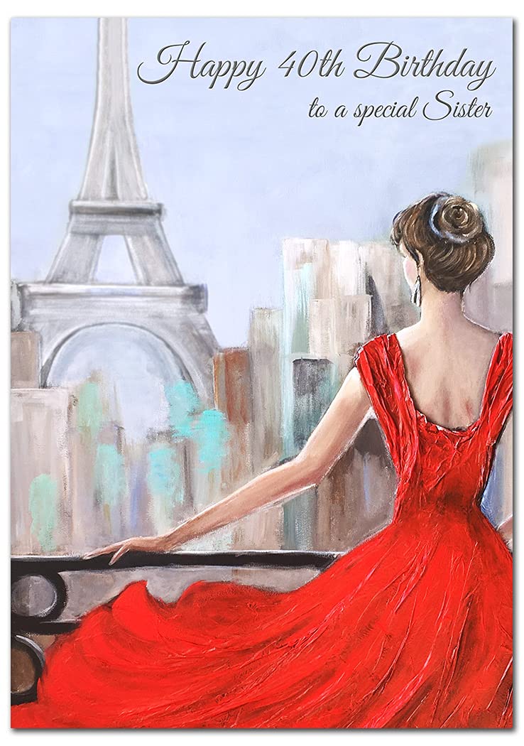 Extra Large Sister 40th Birthday Card - XL Big thick A4 size - Special Age Year Greeting Her Women Female - Beautiful Art Romantic Watercolour Paris - Nice Huge Happy Wishes UK Eco-Friendly