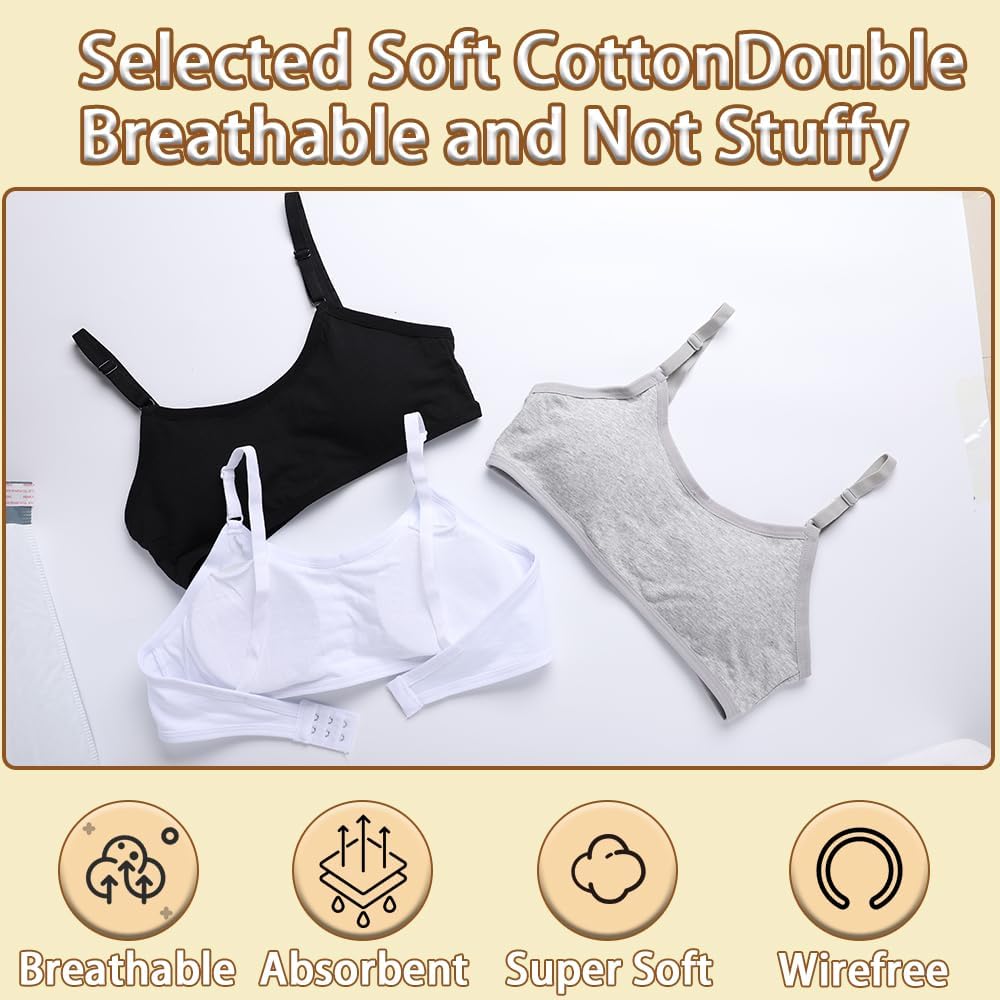 Teen Girls Cotton Bras Wireless Light Padded Sports Underwear 6 Pack Adjustable Strap for Age 10-16