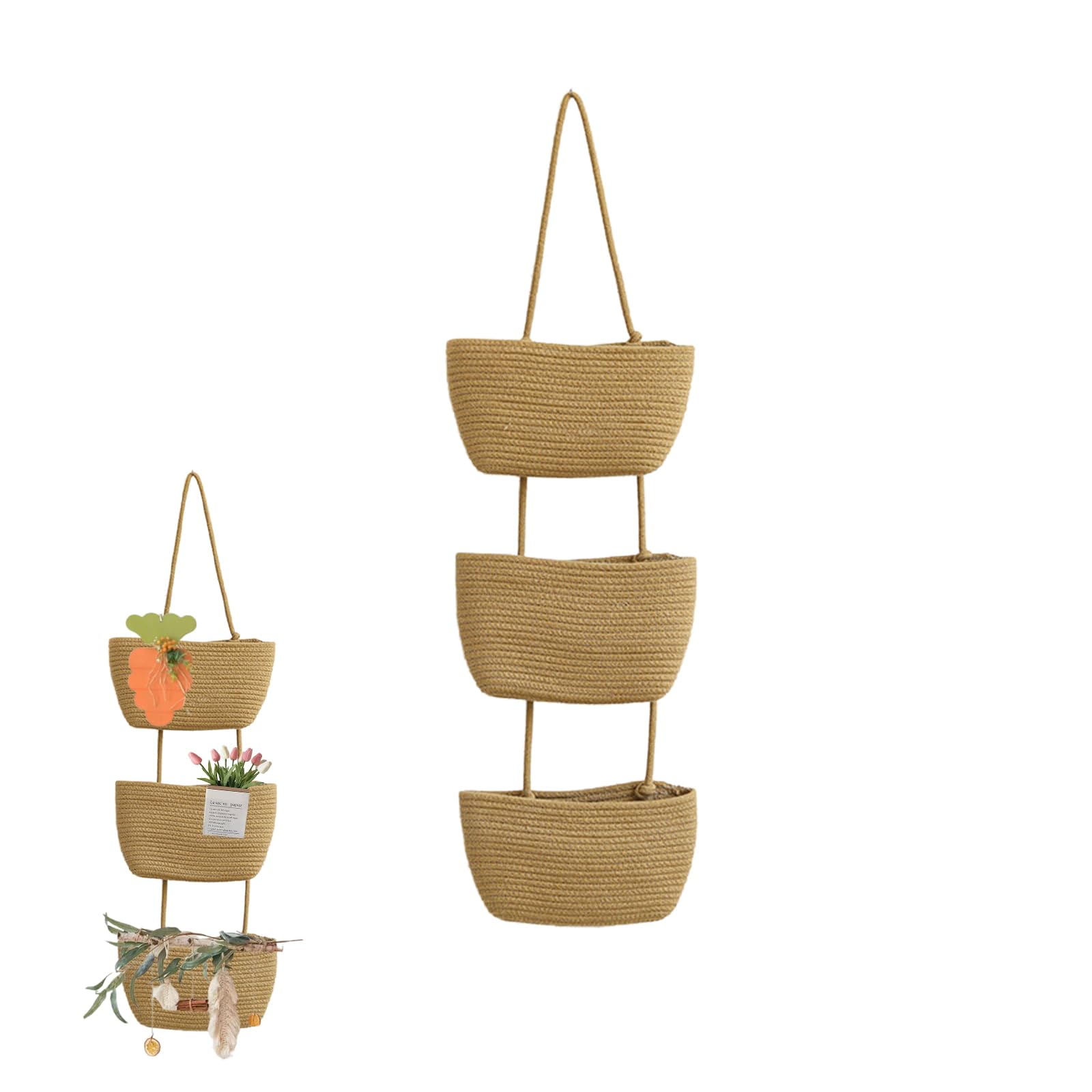 Dyuee Brown 3-Tier Over The Door Hanging Basket Cotton Rope Woven Storage Basket Wall Mount Hanging Storage Organiser Bag With Hook, For Livingroom Kitchen Bedroom Decorative Hanging Basket (Brown)