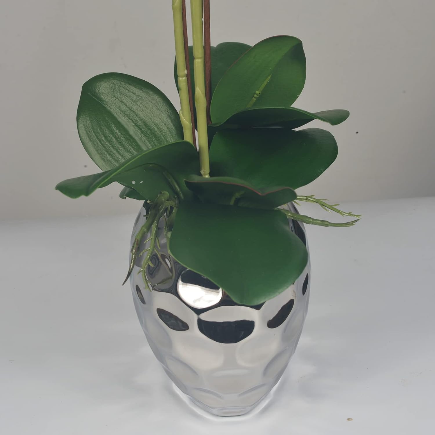 W&W Artificial Orchid Plants & Flowers Arrangement in Ceramic Pot, Fake Faux White Orchid with Silver Vase, Faux Orchids for Home Decor Indoor