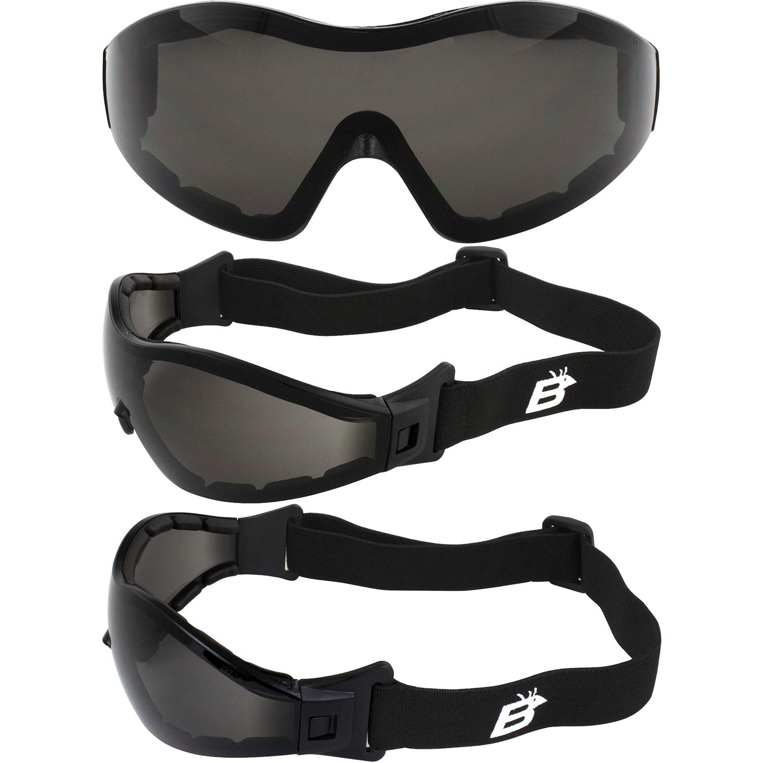 Birdz Boogie - 2 paia di occhiali imbottiti in schiuma nera per moto, sci, paracadutismo, lenti antinebbia a specchio blu e fumo
