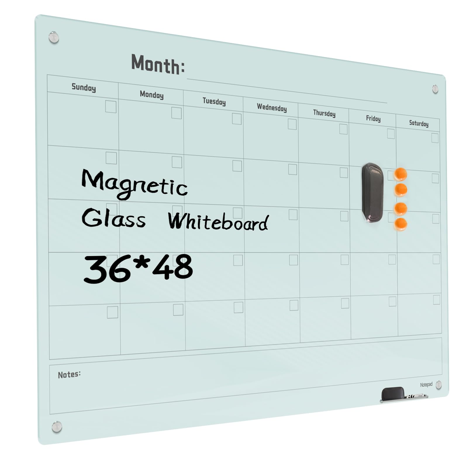 Magnetic Glass Dry Erase Board Calendar- White Board 48 x 36 Inch Wall Mounted Monthly Whiteboard, Large Frameless Glass White Board for Wall Office,