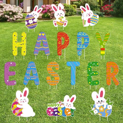DECEED 17 Pieces Happy Easter Yard Signs Easter Bunny Eggs Yard Signs with Stakes for Outdoor Lawn Decorations Garden Yard Party Supplies