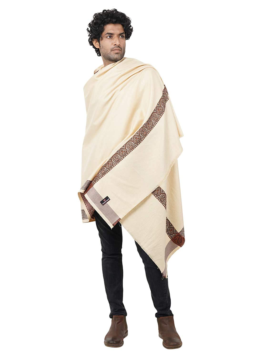 Men's Pure Wool Lohi/Woollen Embroidered Border Shawl (Cream, 37 x 76 Inches)