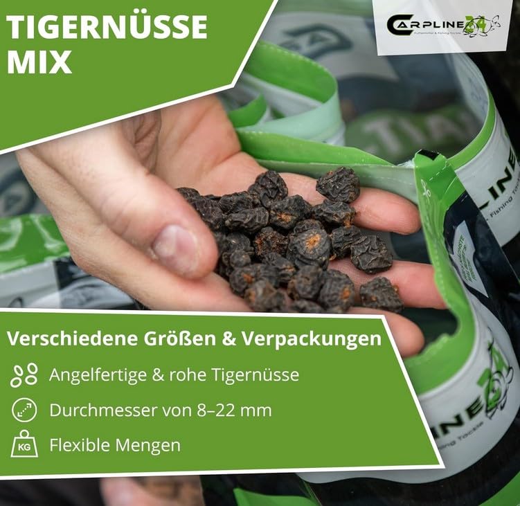 Black Tigers Tigernüsse Mix - 10 Kg - 8 bis 22 mm, Tigernuss Angelköder für Karpfen, zum Anfüttern & Angeln, Grundfutter, Carp Baits, Fischfutter & Karpfenköder, geringer Beifang