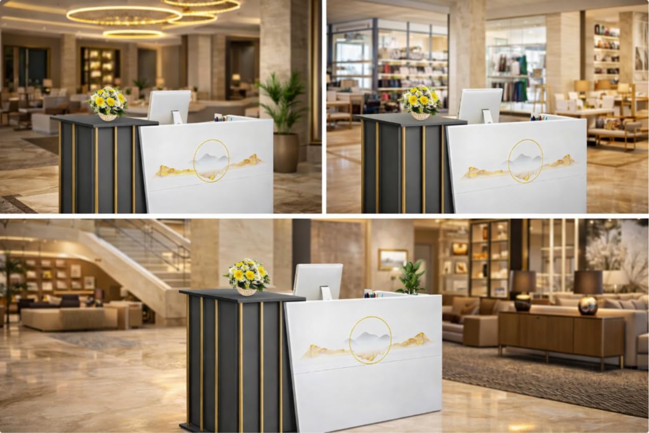 Bancone Reception Multiuso in Legno con 2 Cassetti e 2 Ripiani, Banco Cassa Moderno per Ufficio, Negozio, Salone di Bellezza, Hotel o Supermercato