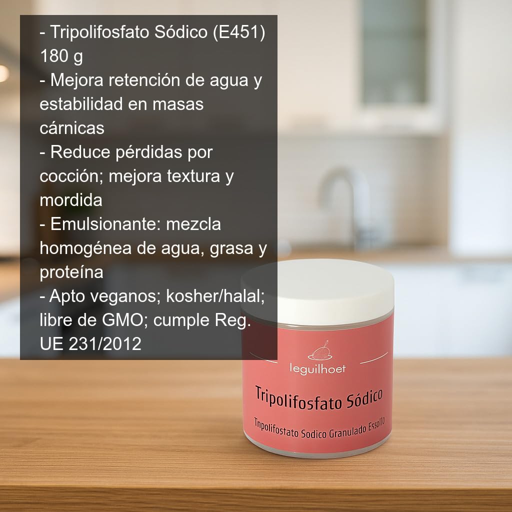 Tripolifosfato Sódico E451 180 g en bote Aditivo alimentario para embutidos salchichas fiambres y salmuera mejora emulsión retención de agua y textura
