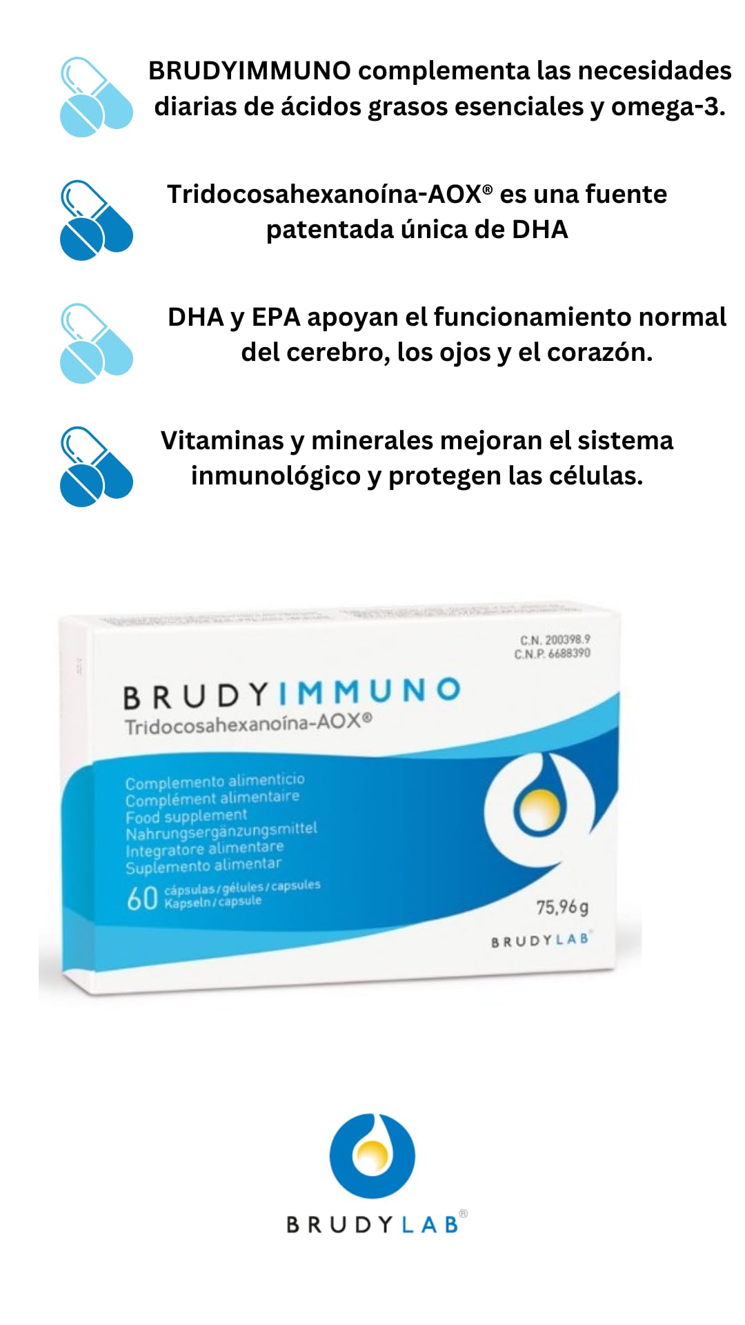 BRUDY IMMUNO, 60 cápsulas, complemento alimenticio | Ayuda al funcionamiento de defensas y sistema inmunológico | Con Tridocosahexanoína-AOX, ácidos grasos Omega3, vitaminas y minerales