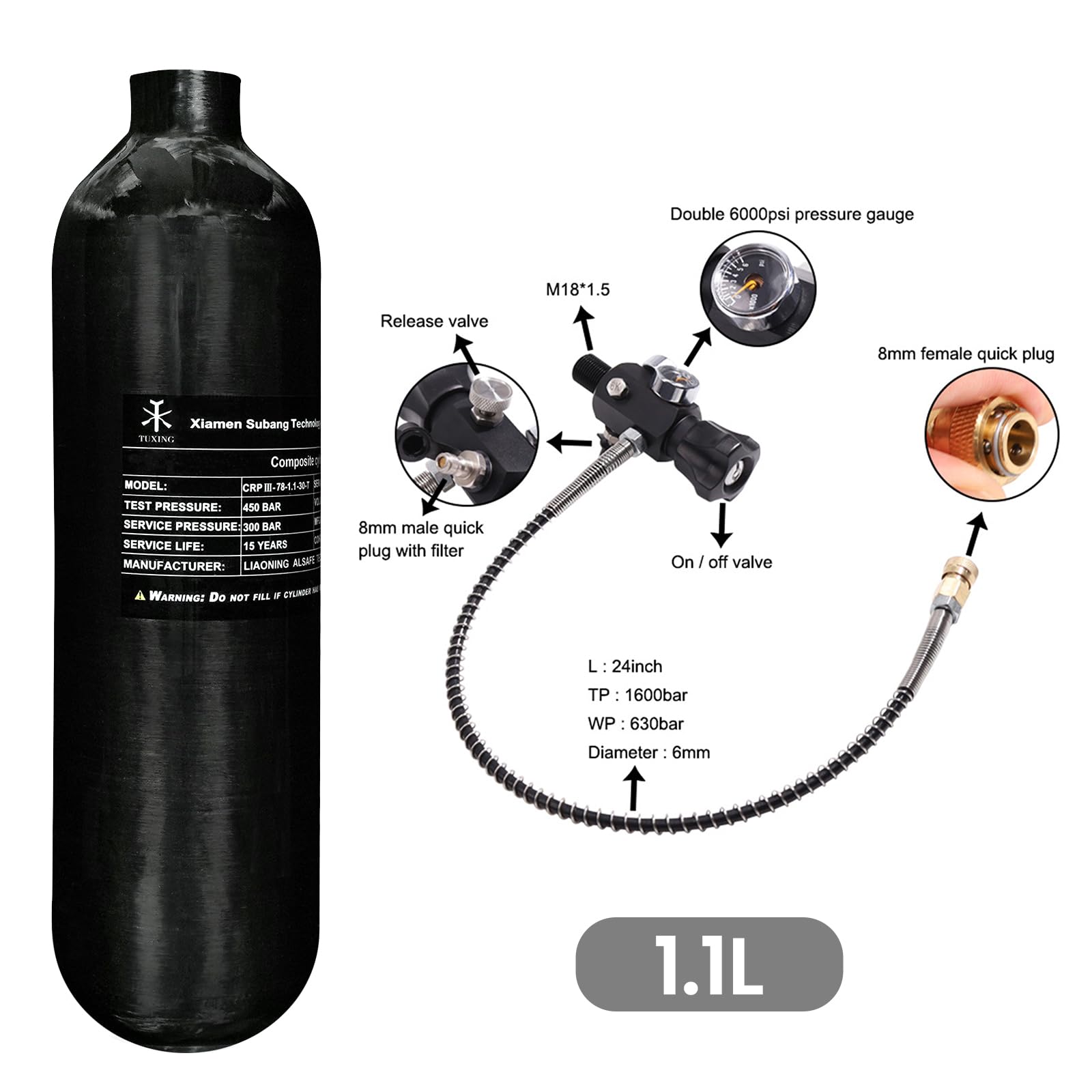 TUXING Réservoir d'air en fibre de carbone 1,1 L 67 Cu 4500 psi Bouteille de gaz PCP-HPA Bouteille de plongée pour fusils à air PCP, filetage de pistolet M18 x 1,5