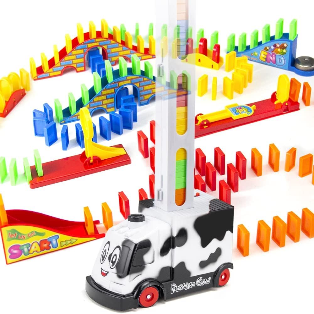 PYEBE Domino Train, 107 PCS Automatic Electric Dominoes Train Set with 3 Add-on Machine Blocks Toys Educational Building Blocks STEM Toys for Kids 3-8 Year Old Boys and Girls (White)