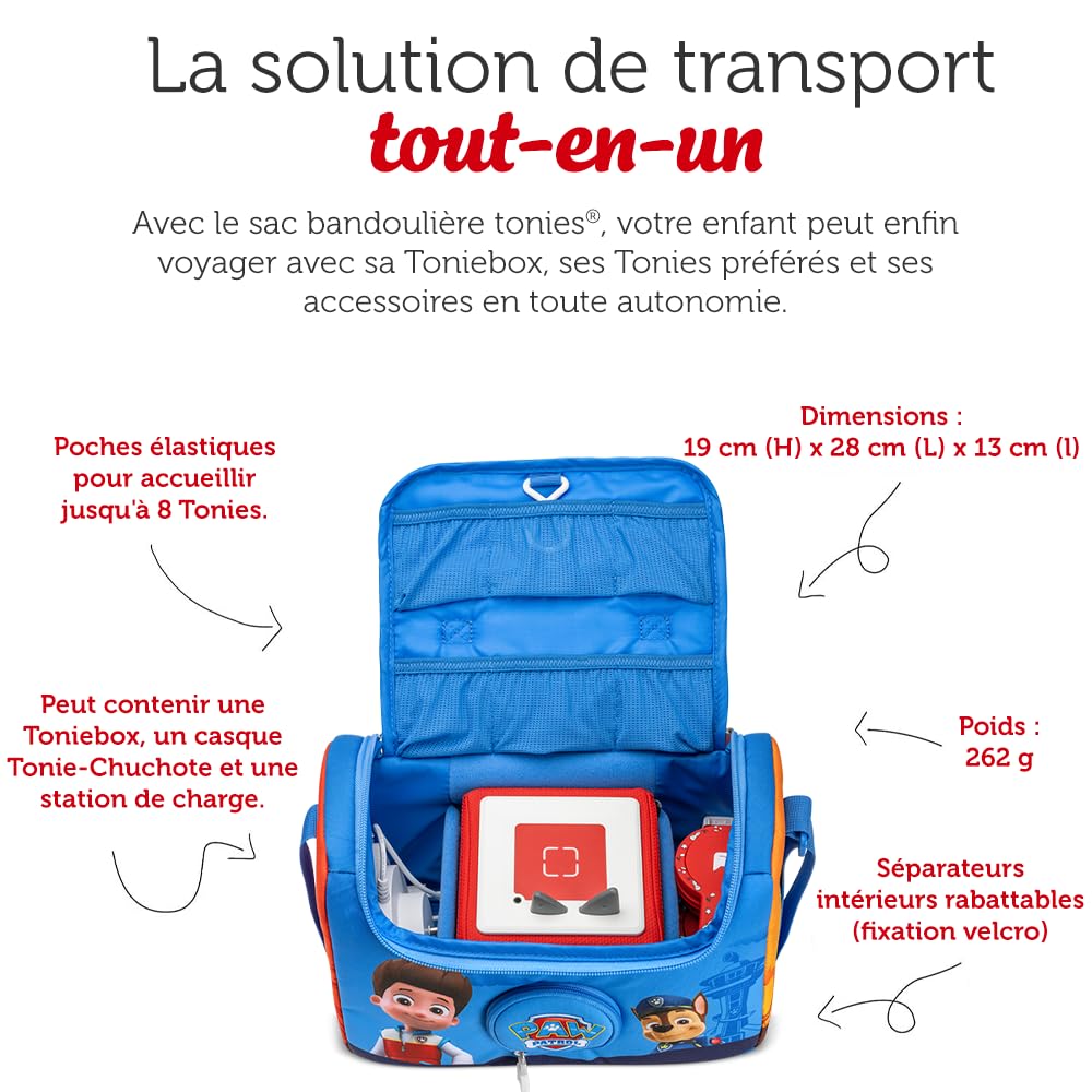 tonies Sac Bandoulière - La Pat' Patrouille Sac de Transport pour Ranger la Toniebox, Le Casque Audio Chuchote, la Station de Recharge, et Jusqu’à 8 Figurines