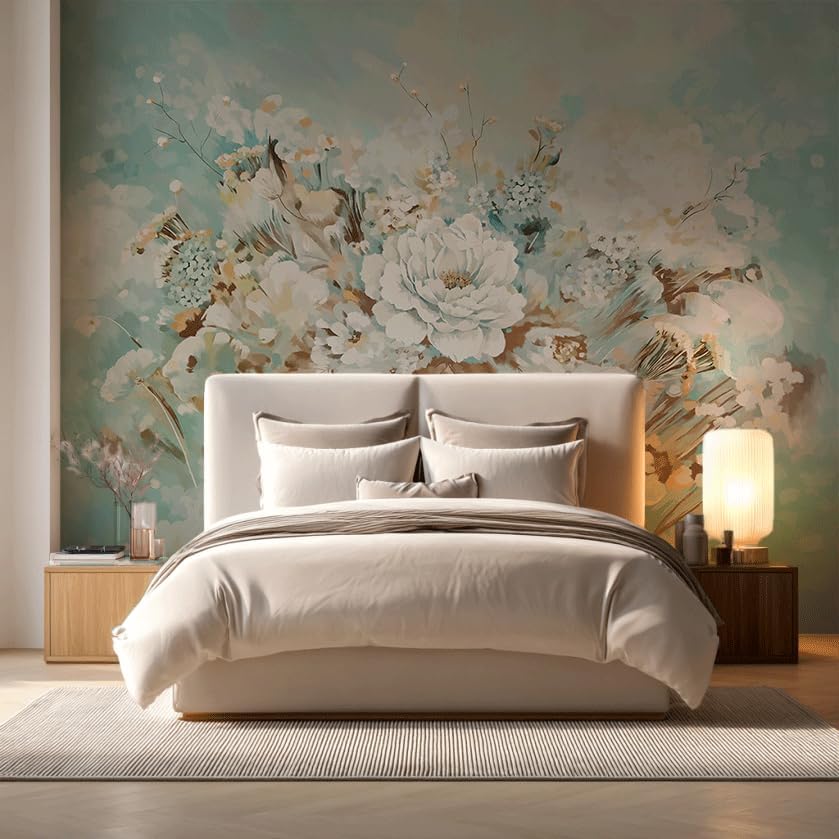 Vintage Floral Wall Mural – Large White Peony Bloom on Blue Background, Removable Peel and Stick Wallpaper for Dining Room, Living Room, or Bedroom Decor