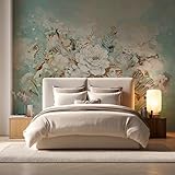 Vintage Floral Wall Mural – Large White Peony Bloom on Blue Background, Removable Peel and Stick Wallpaper...