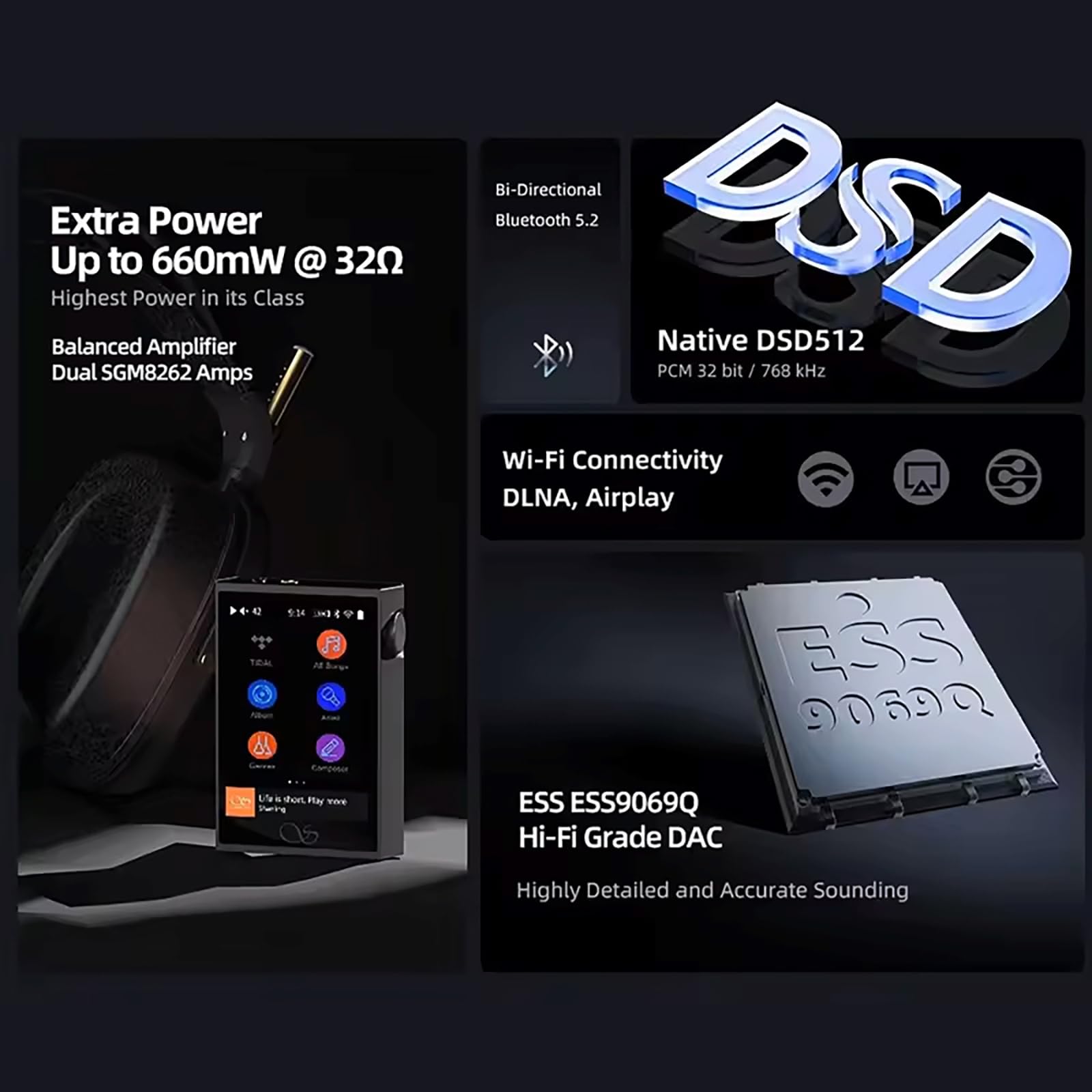 SHANLING M1 Plus Pure Music Player, portatile ad alta risoluzione MP3 Plyaer, Bluetooth 5.2 Digital Audio Player, ES9069Q DAC, 768kHz/32bit, DSD512,661mW @32Ω uscita, supporto LDAC/WiFi/DLNA/Airplay