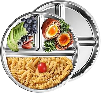 RUIBOLUPortion Control Plates Stainless Steel For Adults Weight Loss/Diabetic Diet/Divided Plate Unbreakable Round Metal Dish Plates/Kitchen Camping Picnic/ 9 Inch (2)