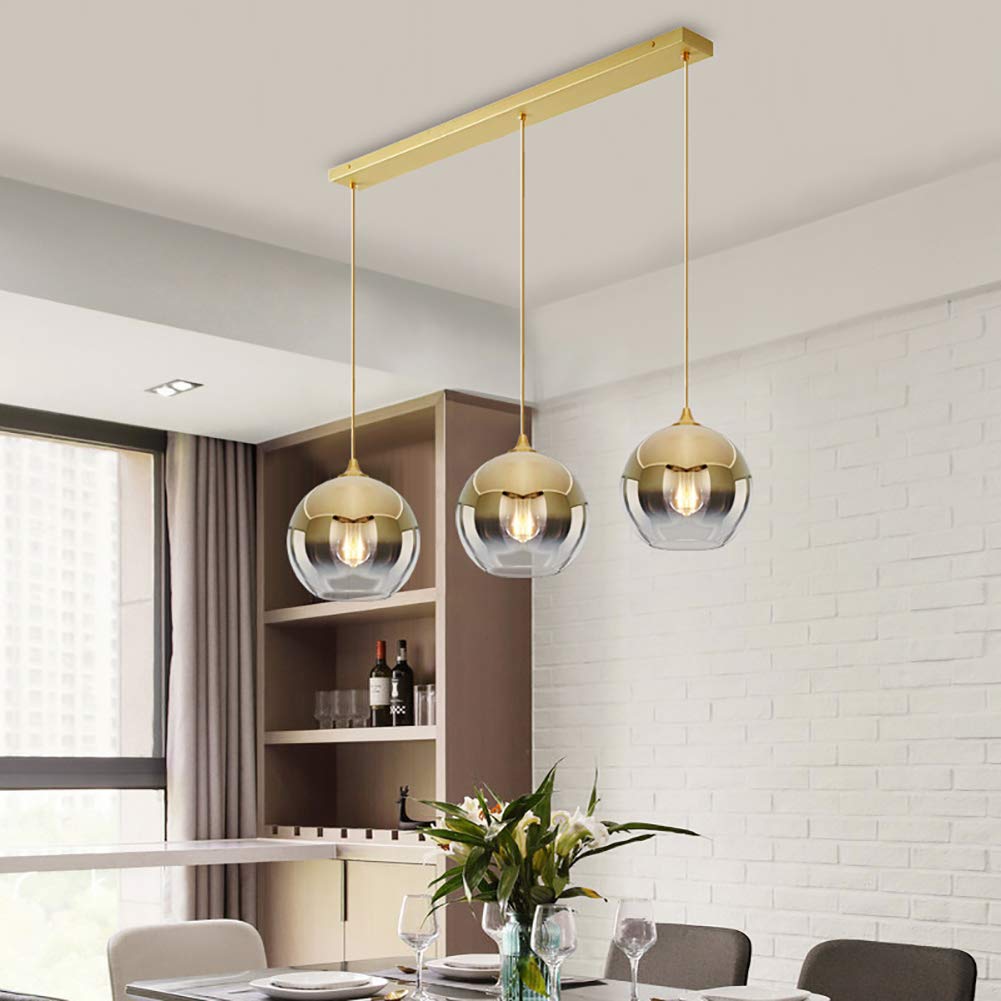 Lampadario A Sospensione 3 Luci In Vetro Sferico: Design Industriale Retrò Per Isola Cucina E Sala Da Pranzo, Oro, Altezza Regolabile - 4