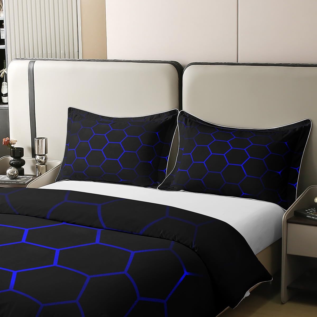 Loussiesd Honeycomb 100% Cotton Duvet Cover Double Size Modern Hexagon Theme Bedding Cotton Duvet Cover Set for Bedroom Geometrical Beehive Black Blue Bedding Set - Image 4