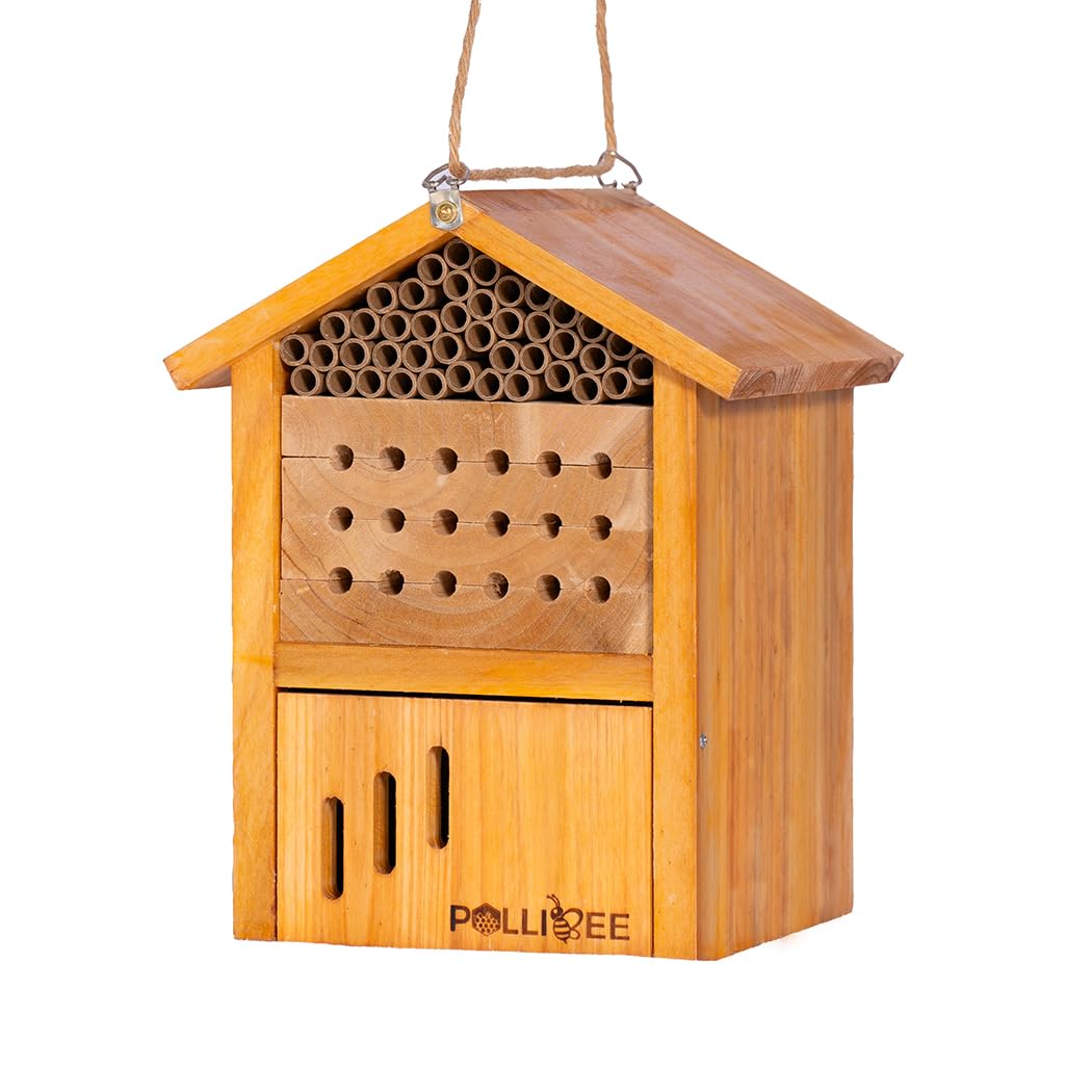 Mason Bee House -Wax Coated Mason House for The Garden, Natural Handmade Wooden Waterproof Mason Home, Attracts Peaceful Bee Pollinators,Native Mason Bee Habitat