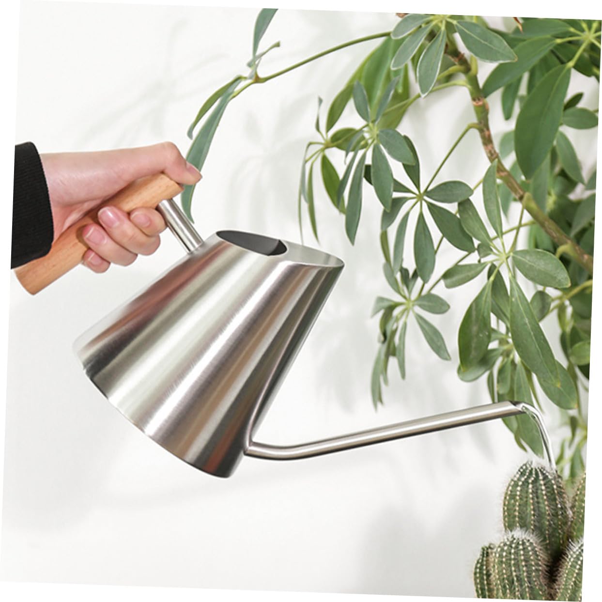 Gießkanne mit Langem Ausguss 900ml Edelstahl Holz Silber