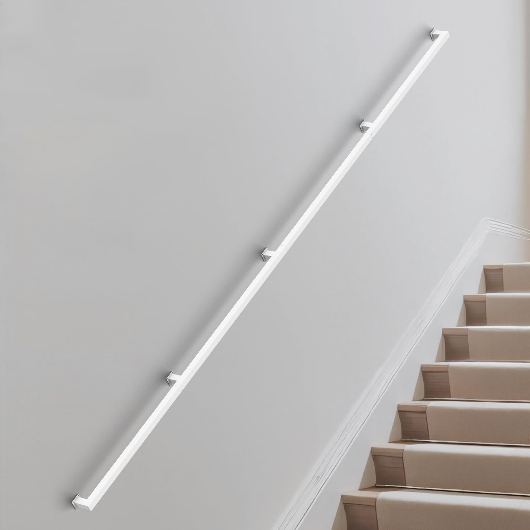 Pasamanos de tubo cuadrado de 10 pies/305 cm, pasamanos de escalera de montaje en pared, moderno riel industrial para escalones de interior y exterior, carga de 440 libras, mango antideslizante de