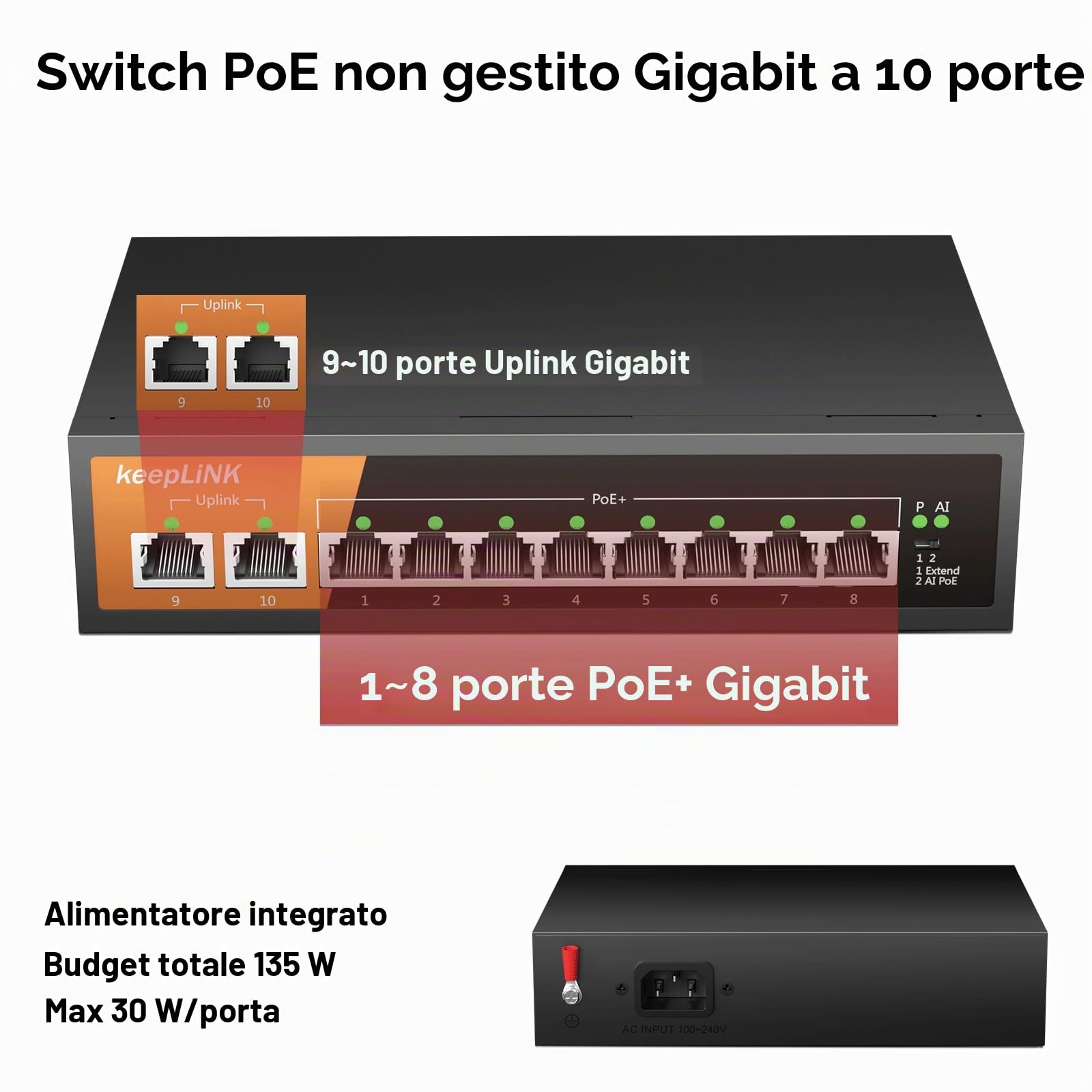 Switch Poe 8 Porte, Switch Ethernet Gigabit con 8 Porte Poe + 120 Watt, 2 Porte Gigabit Uplink, IEEE-802.3af / at, Configurazione Semplice, Senza Ventola