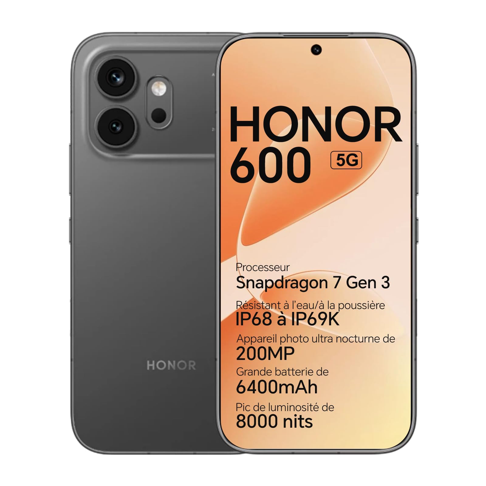 HONOR 600 5G Smartphone Téléphone, 6.57” 120Hz AMOLED Écran, Appareil Photo 200MP, 8+256GB, Batterie 6400mAh, Charge Rapide 80W, IP68/IP69K, Android 16 (Black, 256, GB, 8, Go)