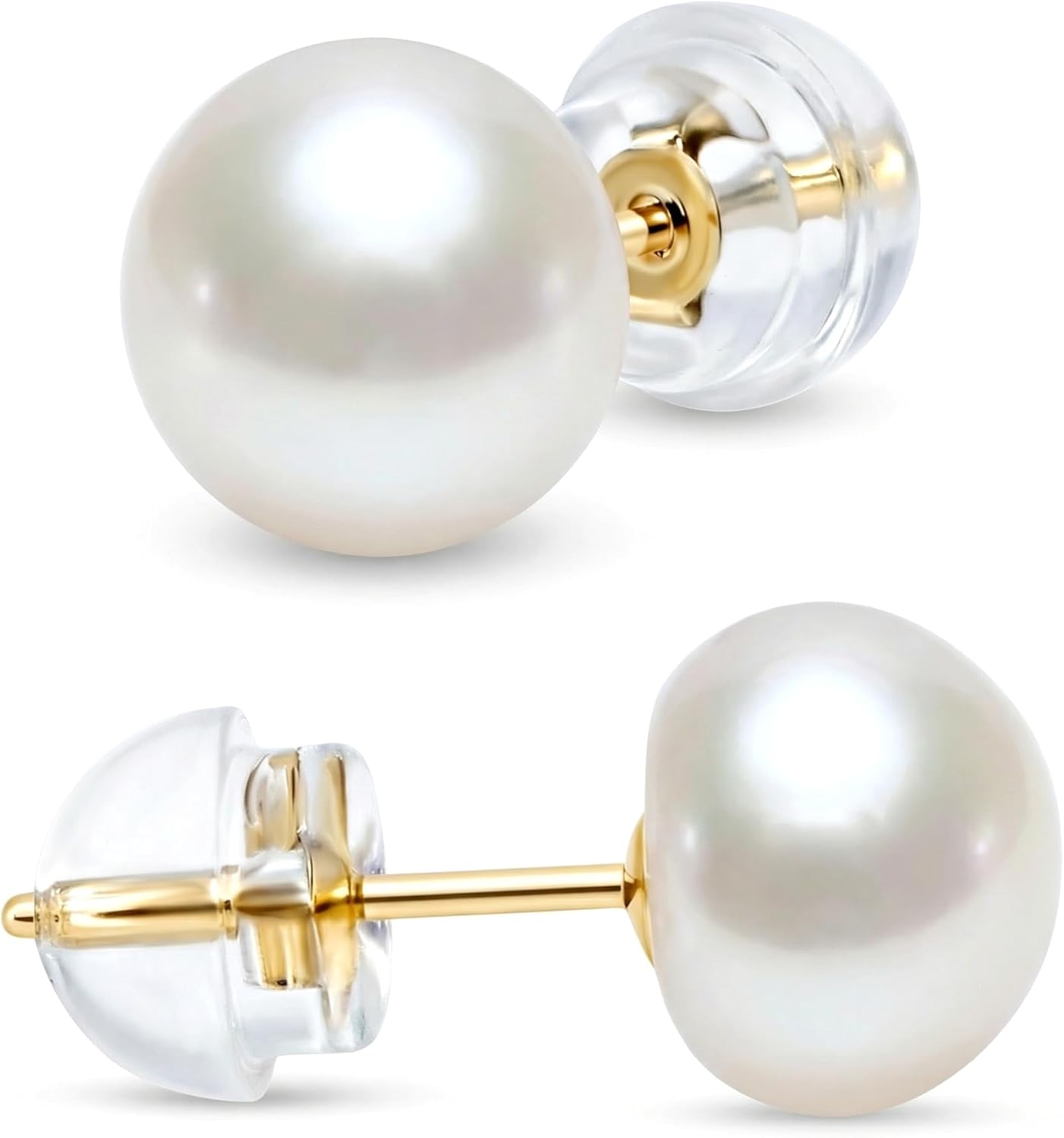 KEZEF Pearl Stud Earrings for Women 14K Real Gold Freshwater Cultured Pearl Earrings with Butterfly 14K Gold Back with Silicone