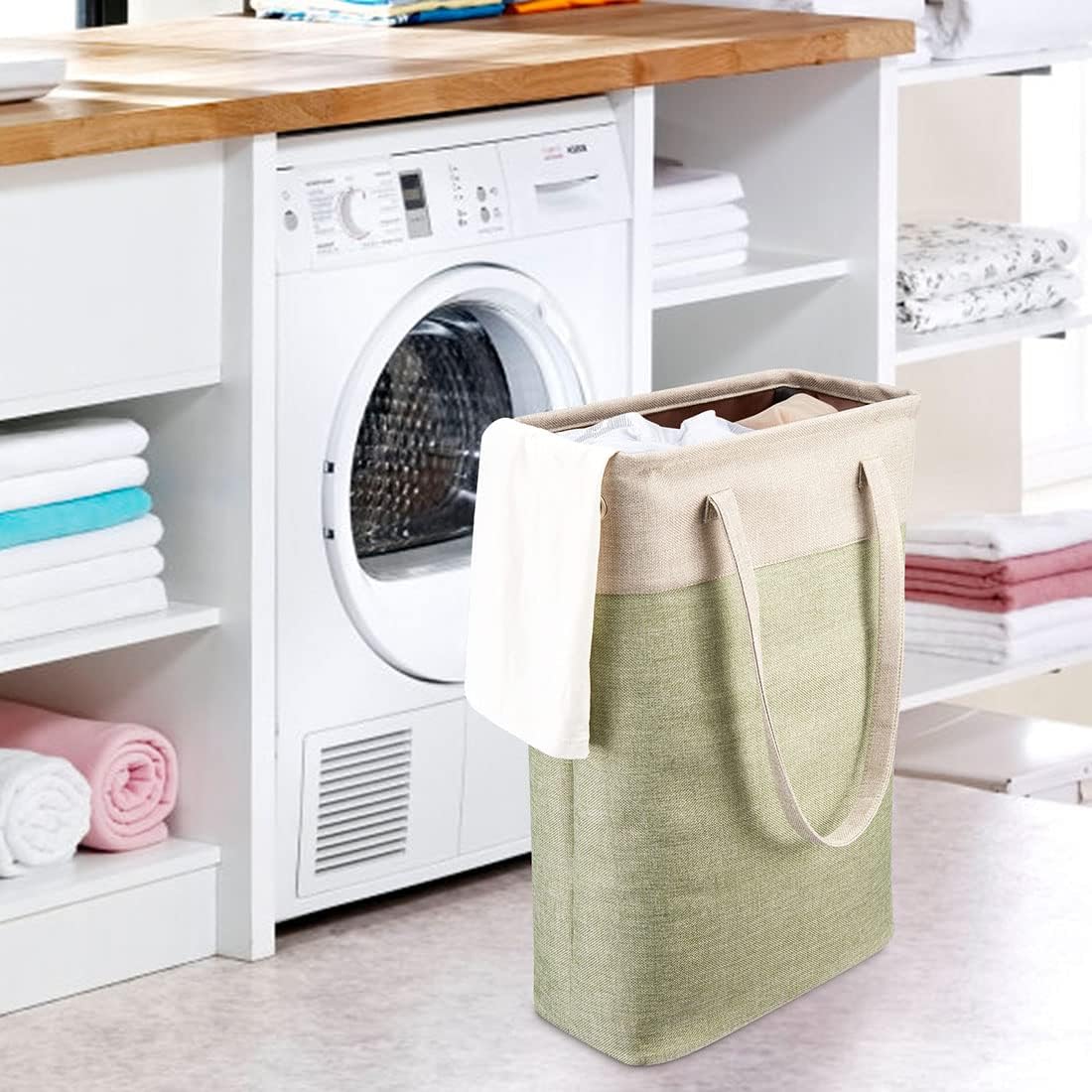 i BKGOO Laundry Basket with Handles Beige&Green Slim Laundry Bin Collapsible Dirty Clothes Basket Narrow Laundry Bag Foldable Dirty Hamper for Camping, Dorms, Apartments