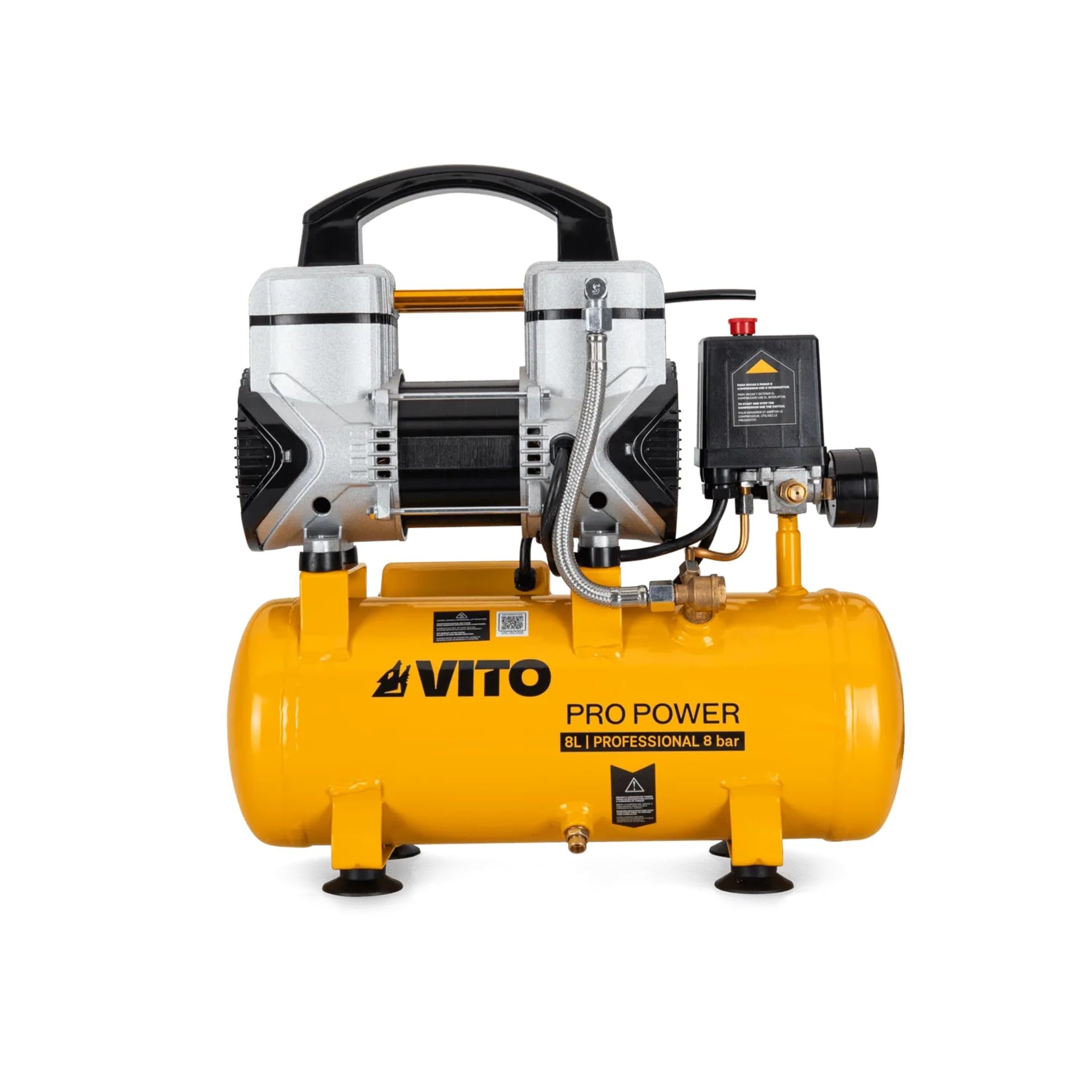 VITO Compresor silencioso 8L 1100W 8 bar/115 psi sin aceite 52-57 dB (LpA) manómetro conexión rápida