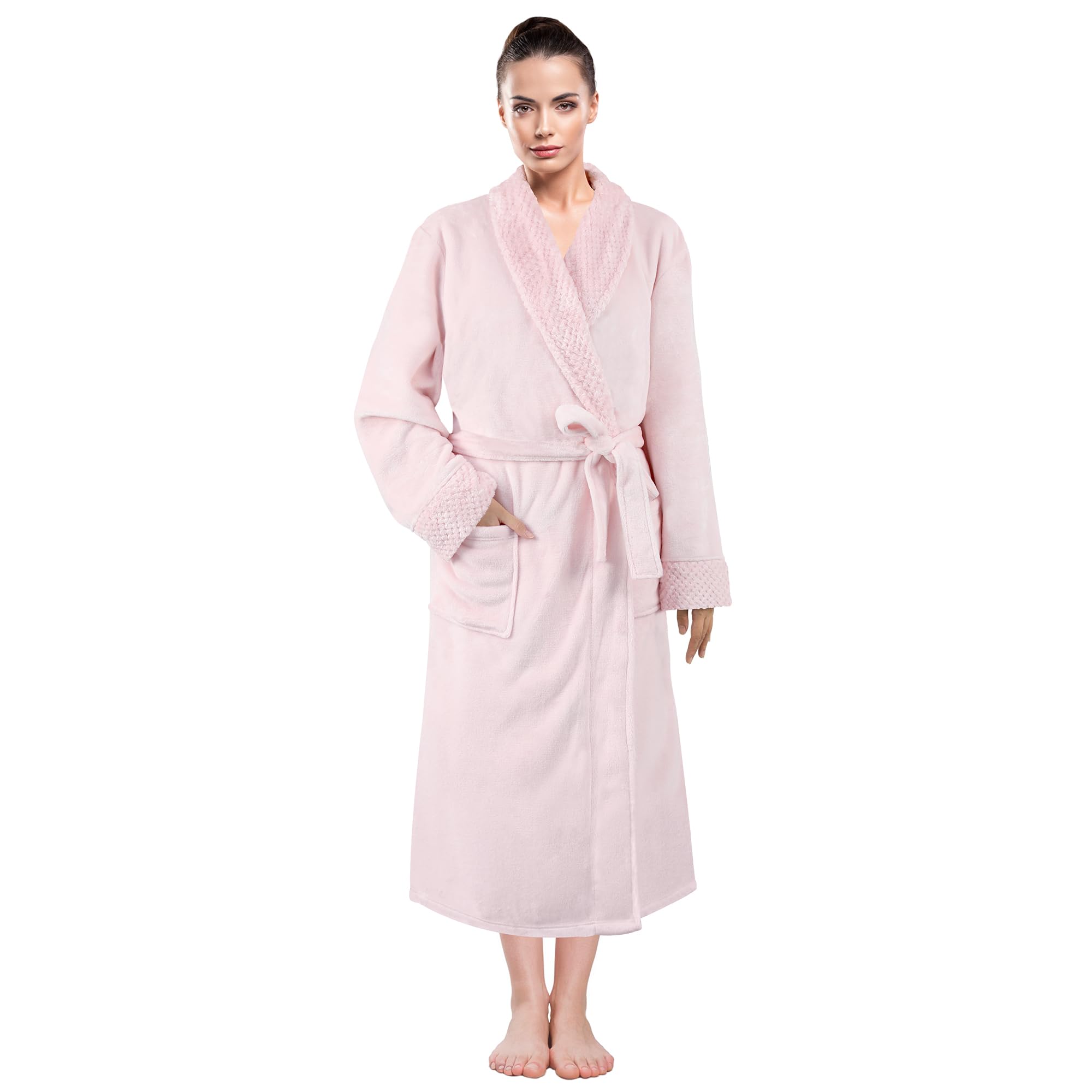 LINENOVA Fleece Flannel Robe Night Gown for Women & Men, Soft Warm Fluffy Long Spa Bath Robe Shawl Collar with Pocket - Large-X-Large - Light Pink