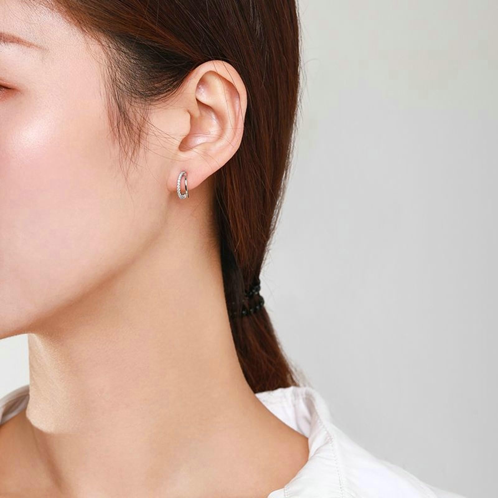 Orecchini a perno in platino 950, da donna, a doppio strato, a forma di C con diamante, senza allergie, per donne