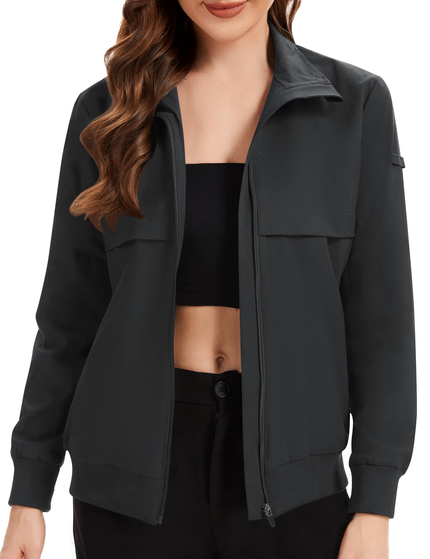 Scrub Jackets for Woman Zip Front Stand Collar Nurse Jacket Soft Long Sleeve Medical Scrub Coats with 2