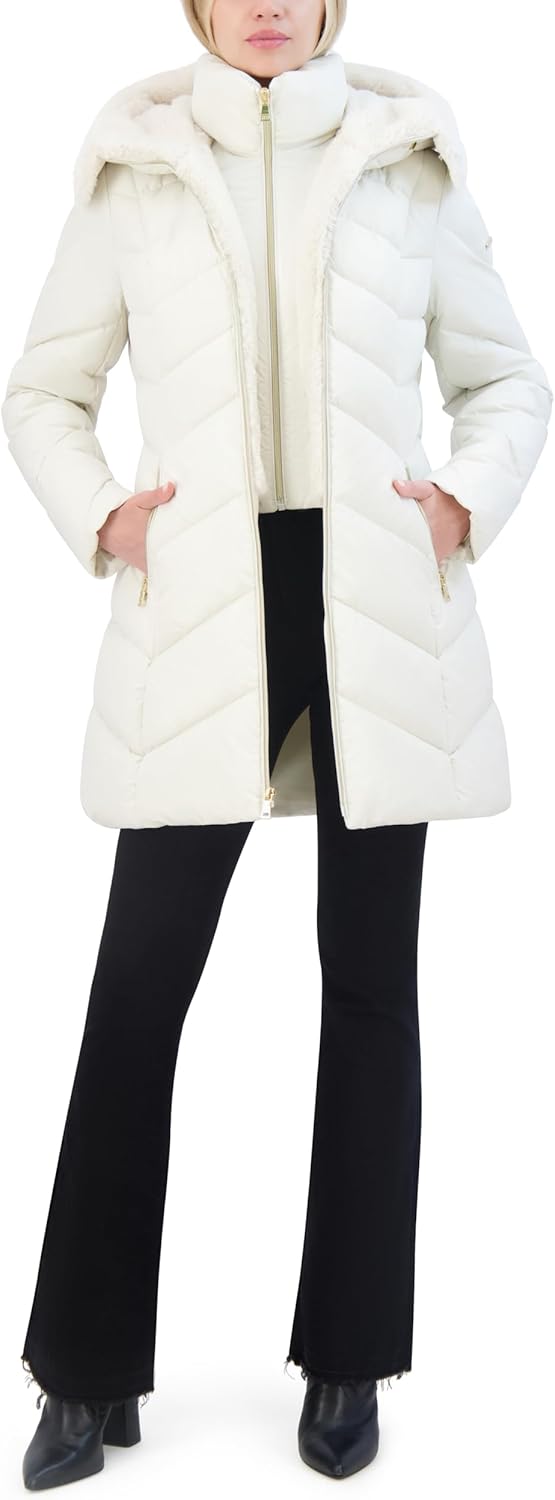 Laundry by Shelli Segal womens Puffer Coat With Bib Insert– Quilted Winter Jacket Faux Fur Hood Shirred Collar - Image 2