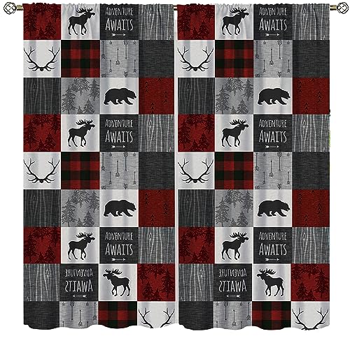 SENRUEGT Retro Rustic Curtains,Vintage Deer Bear Farmhouse Window Treatments for Bedroom Kitchen,Red 42x54 Inch