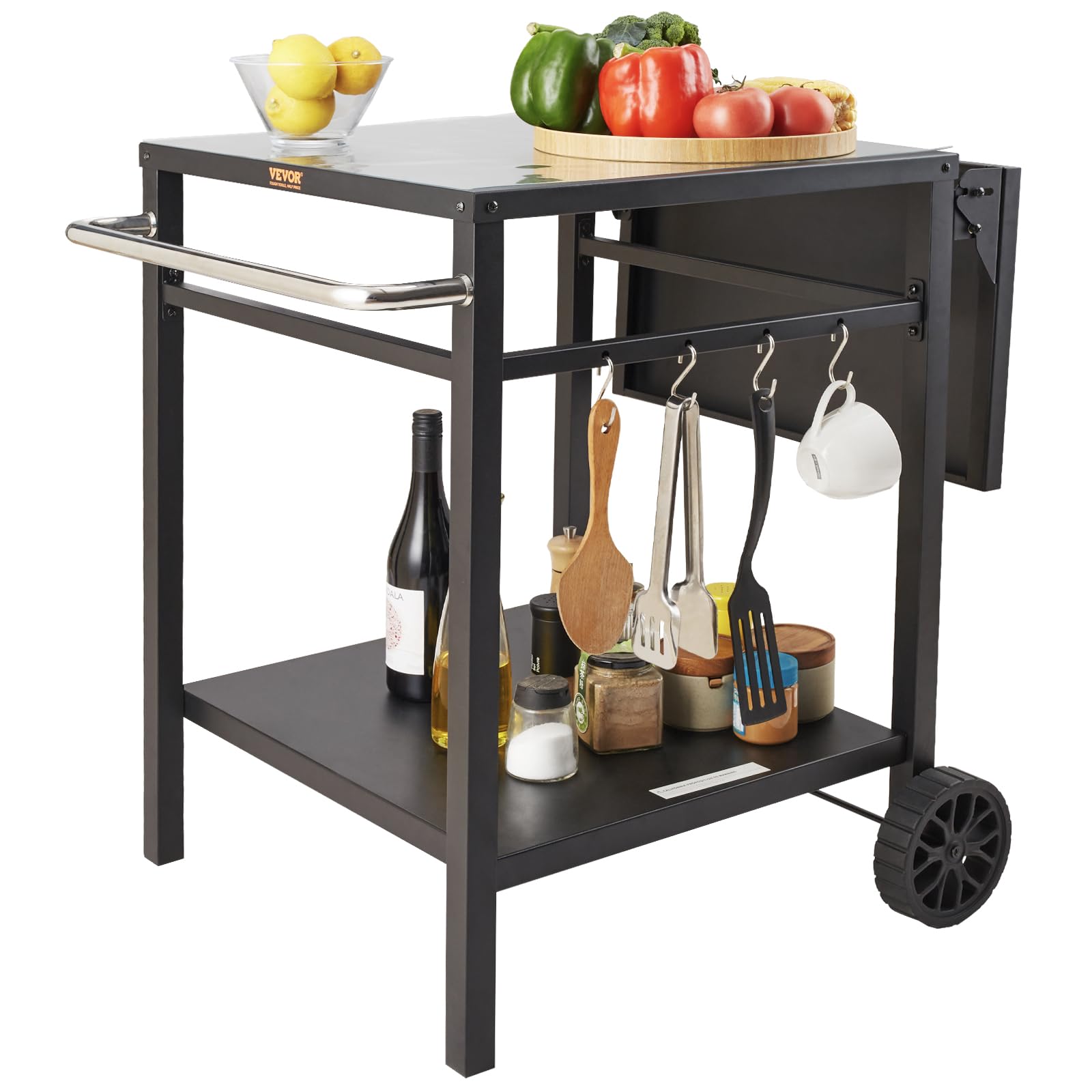 VEVOR Carrito de Comedor para Barbacoa al Aire Libre con Estante Doble, Mesa Móvil de Preparación de Alimentos para Barbacoa, Mesa de Hierro Plegable Multifuncional, Carros Modulares para Exteriores