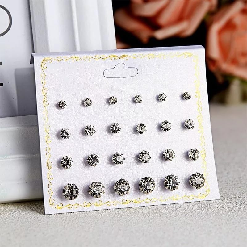 Image of Earring Set for Women and Girls Artifical Jewelry Silver Color Round Crystal Zirconia Stud Earring for Ear-tops /Kaan Ke top Earring for Birthday & Anniversary Gift pack of 12pairs