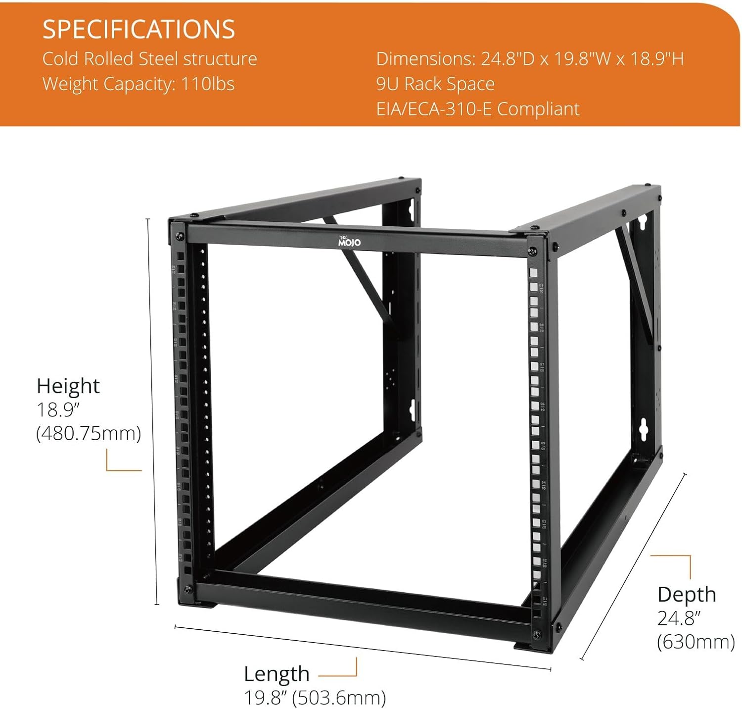 tecmojo 9u wall mount rack, wall mount network rack 24.8in depth, open frame server rack for 19in it/av/data/home equipment, black 9u/24.8" depth
