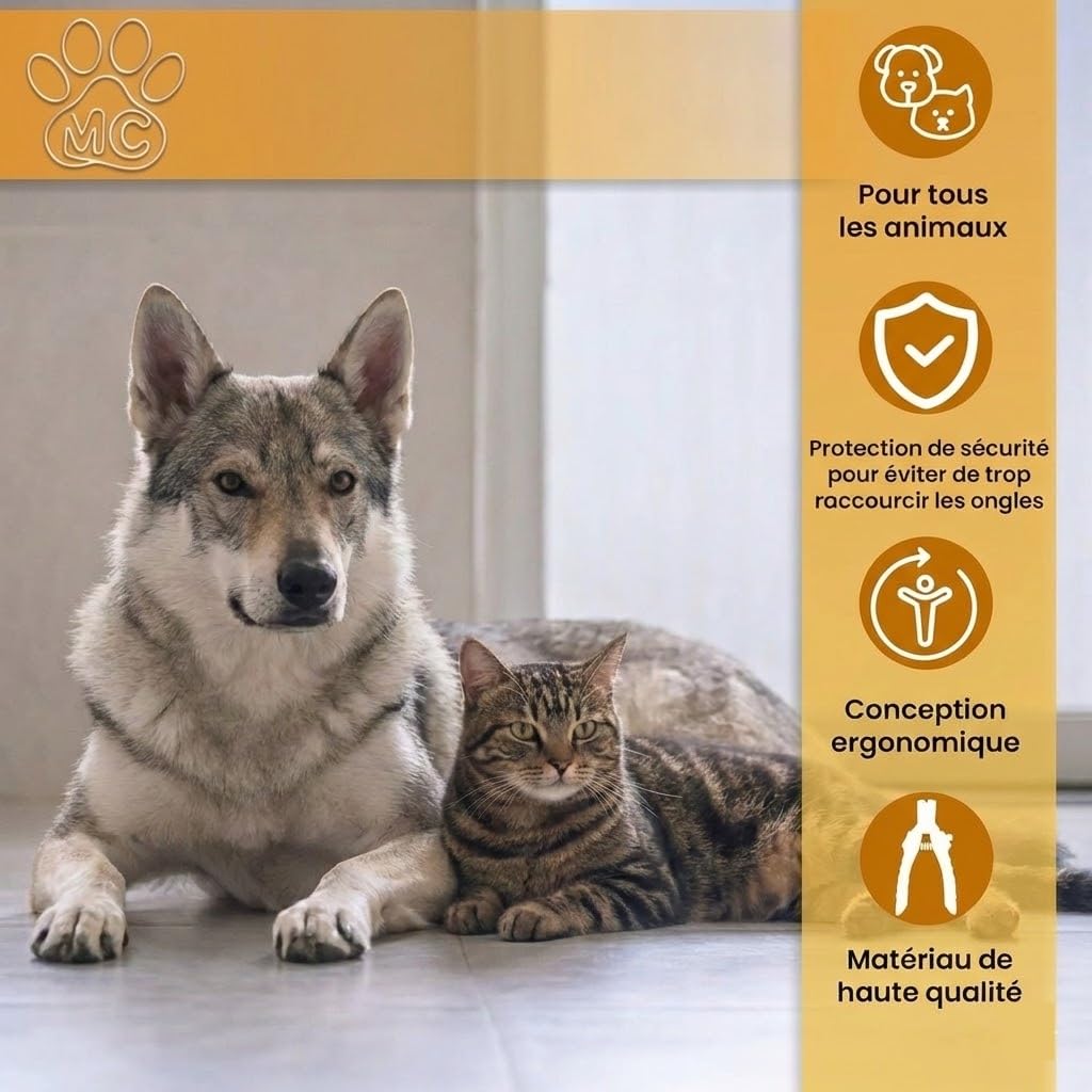 Coupe-Griffes Chien Chat Lapin Silencieux avec Lime à Ongles Incluse - Mécanisme à Ressort - Acier Inoxydable Antirouille - Marque Française Petits & Grands Animaux