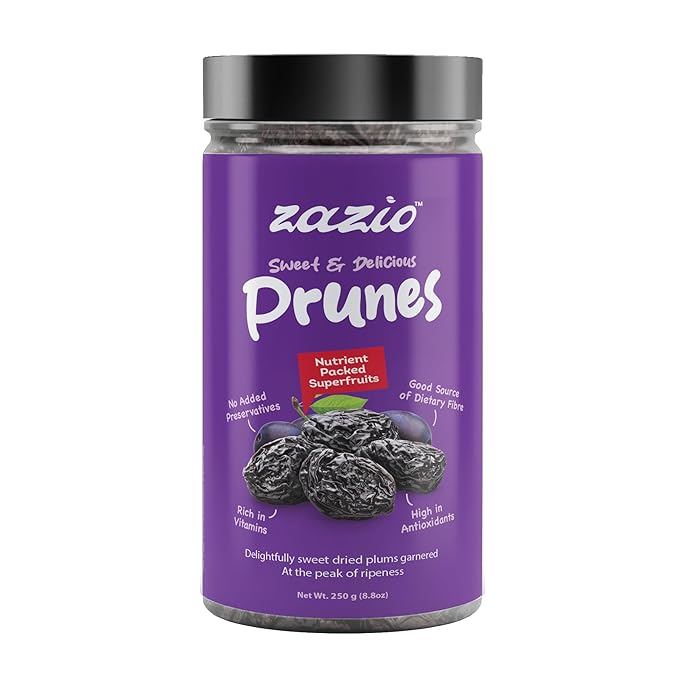 Zazio Dried Prunes | RICH, SWEET & NATURALLY WHOLESOME PLUMS | Antioxidant Rich, Super Food, Dried Prunes, Pitted Prune | 250gm (Pack of 1)