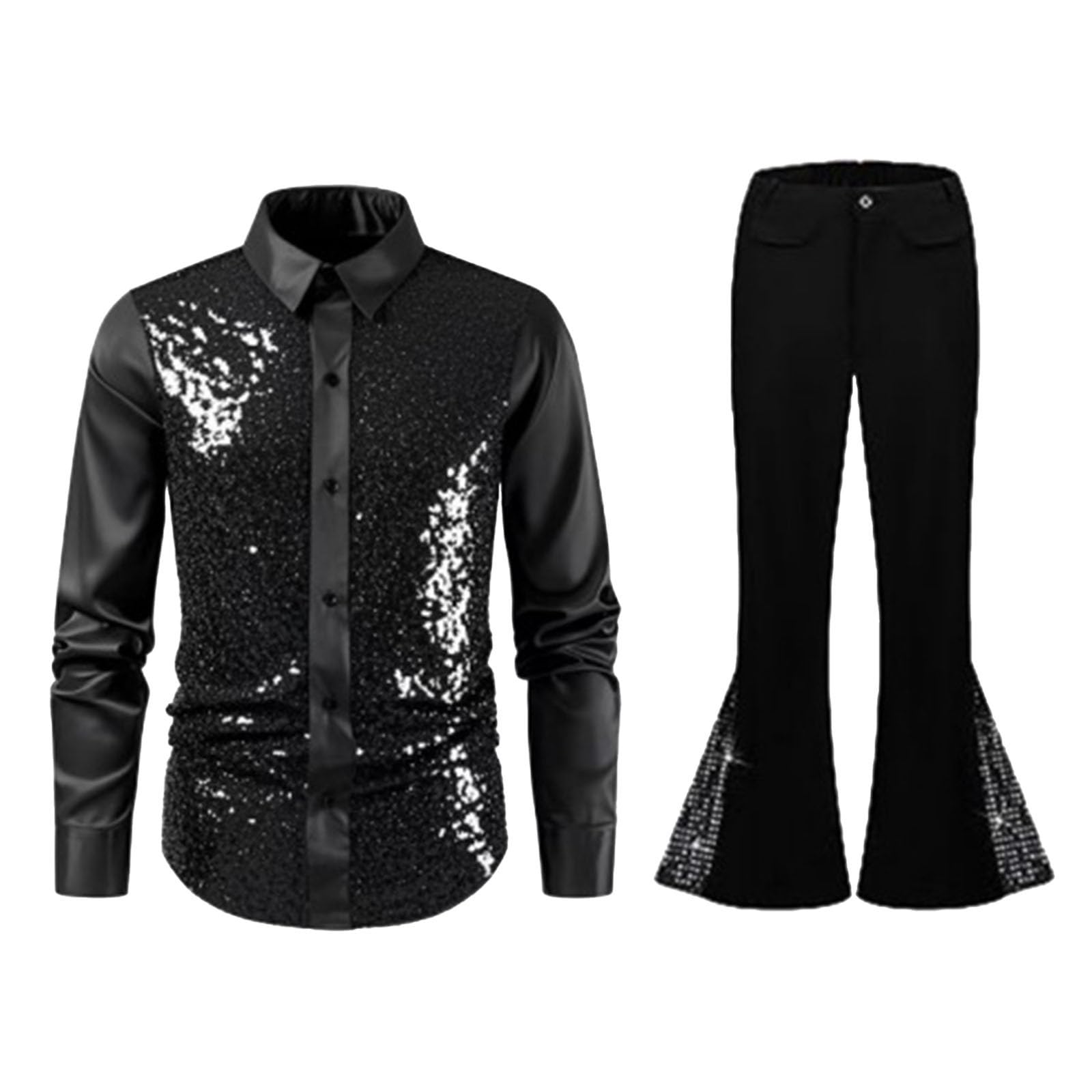 Traje de lentejuelas brillantes para hombre, camisa larga y pantalón elefante, chándal carnaval 60s Groovy baile latino
