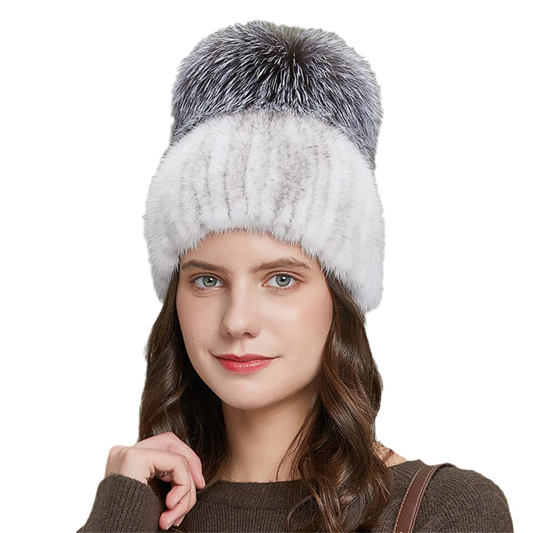 Sombreros de Invierno de Piel de visón para Mujer con Gorro de Punto con Pompones, Gorro Femenino de elásticos cálidos a la Moda 05y 52-58 Cm