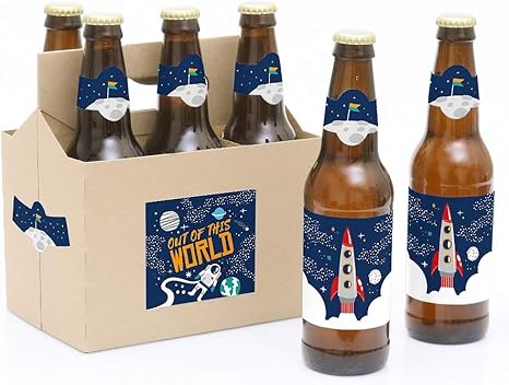 Blast Off to Outer Space - Rocket Ship Baby Shower or Birthday Party Decorations for Women and Men - 6 Beer Bottle Label Stickers and 1 Carrier