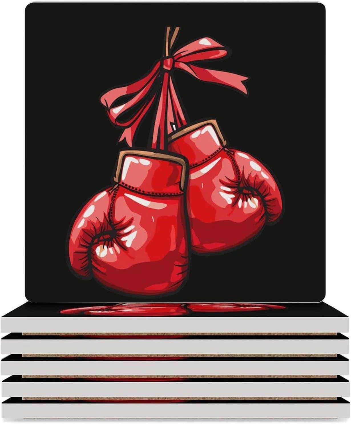 Red Boxing Gloves Coaster for Drinks Square Ceramic Table Coasters Stone Mat Crafts 4PCS Home Kitchen Decor
