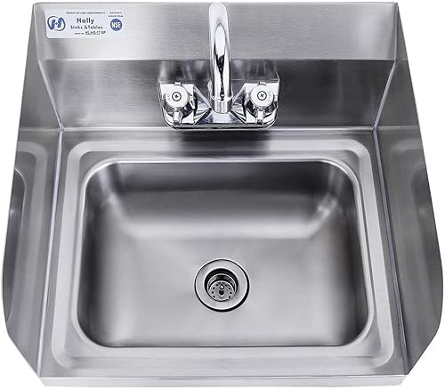 Miniatura 2 de HALLY Stainless Steel Sink for Washing with Faucet and Side Splash, NSF Commercial Wall Mount Hand Basin for Restaurant, Kitchen and Home, 17 x 15
