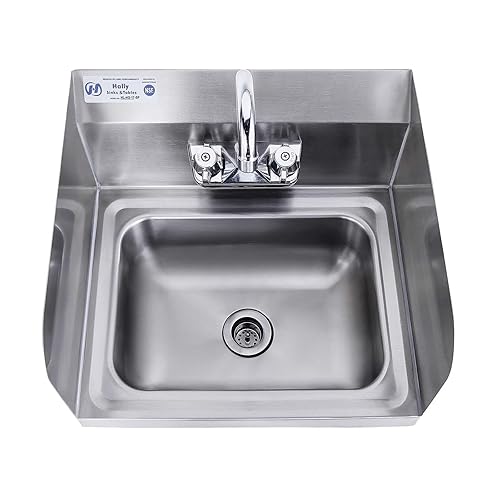 Miniatura 2 de HALLY Fregadero de acero inoxidable para lavar con grifo y salpicaduras laterales, lavabo de mano comercial NSF para montaje en pared para