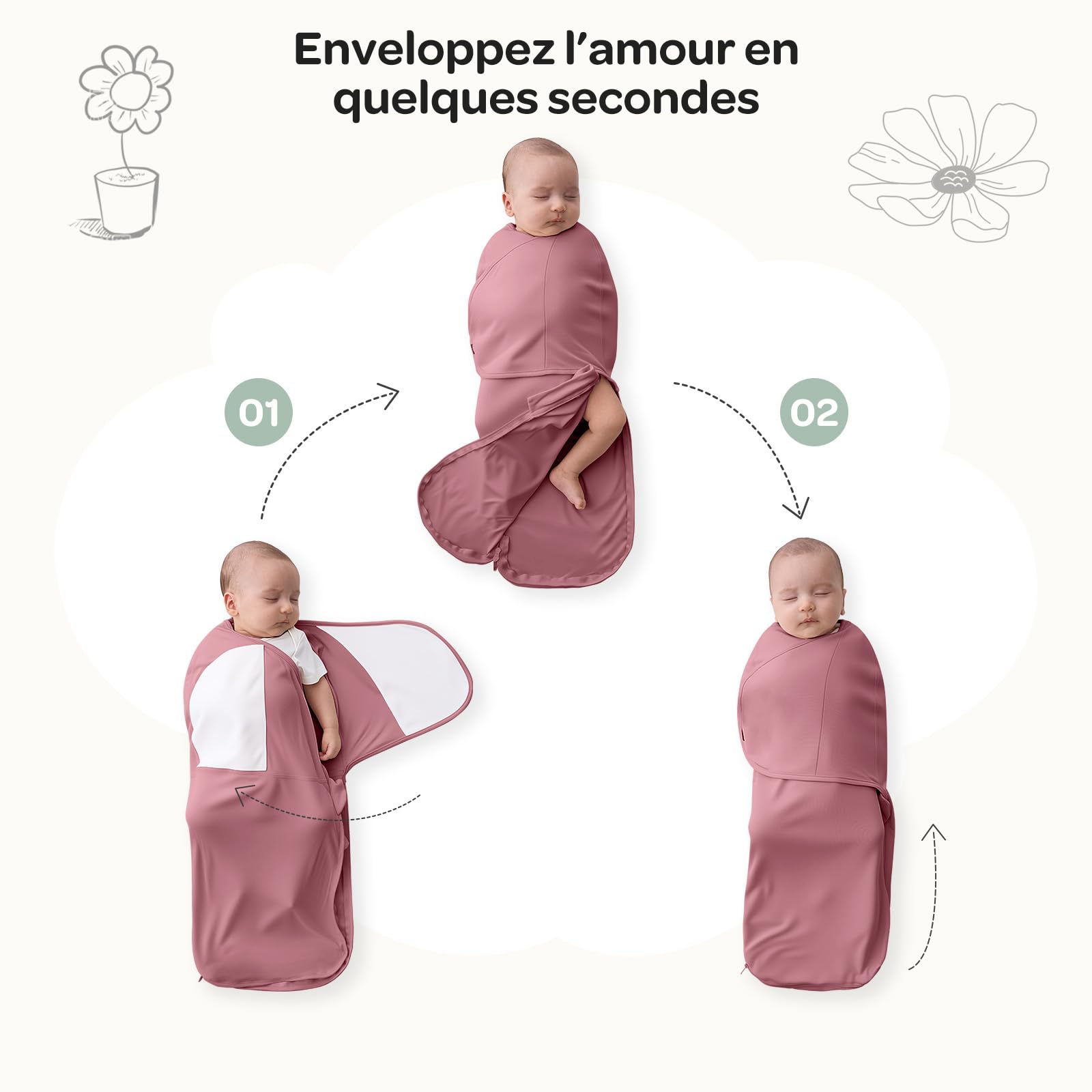 momcozy Couverture Emmaillotage Bébé pour Nouveau-né, Fermeture Silencieuse, Convient aux Nourrissons de 0-3 Mois, Réduit Le Réflexe de Sursaut, Indispensable pour Nouveaux Parents, Paquet de 2,Rose