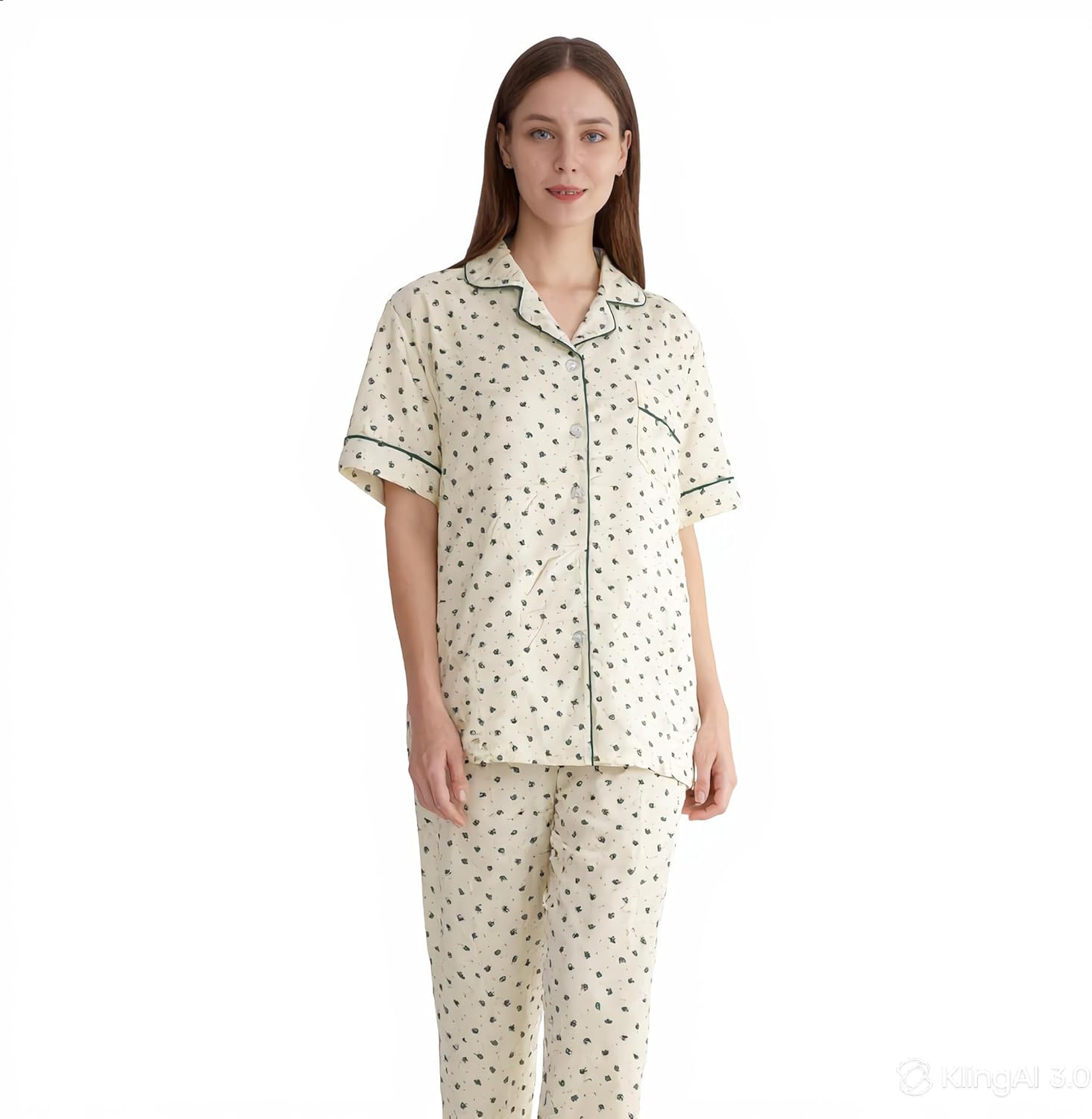 Women's Cotton Pjs Set Of 2 -Short Sleeve Button Down Sleepwear With Pants