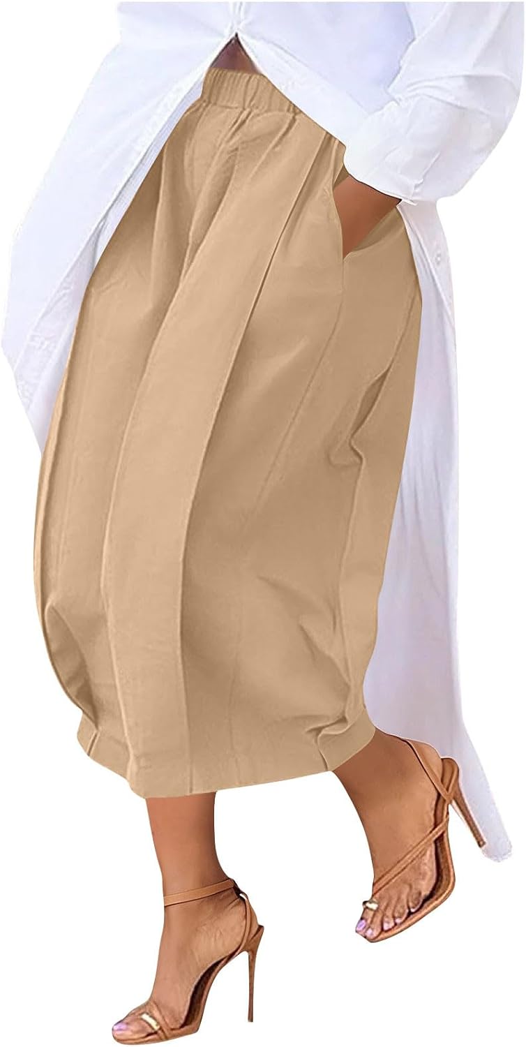 Womens Capri Pants Wide Leg Summer Beach Vacation Flowy Pants Soft Comfy Elastic High Waisted Trousers with Pockets
