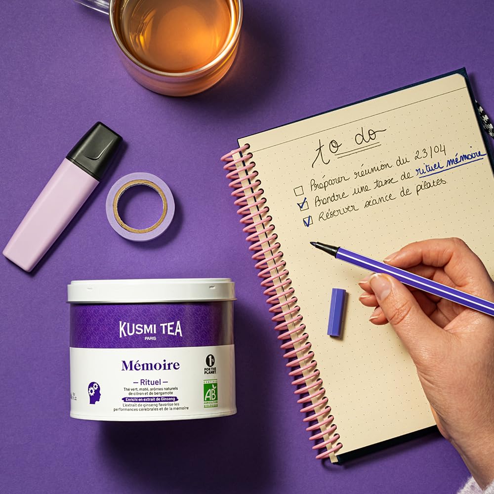 Kusmi Tea - Rituel Mémoire - Thé Vert, Maté Bio - Enrichi en extrait de Ginseng - Arômes Naturels de Citron et de Bergamote - Boîte Thé Métal 100g - Quantité pour environ 50 Tasses